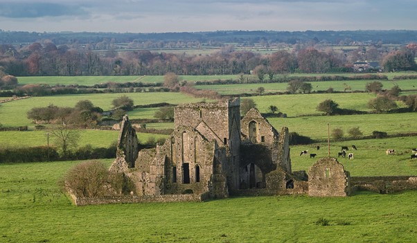 Panoramic view of ruins of an Hore Abbey in Cashel, Ireland. It is a ruined Cistercian monastery and famous landmark in Tipperary