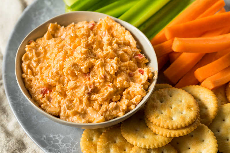 Homemade Pimento Cheese Spread with Crackers and Veggies