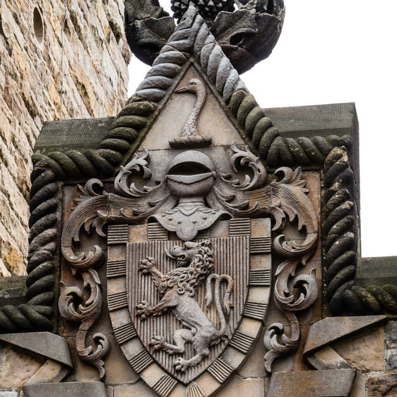 Detail of William Wallace coat of arms at The National Wallace Monument in Stirling, Scotland. This singular construction hosts exhibits and displays about the Scottish hero, who is known worldwide as Braveheart.